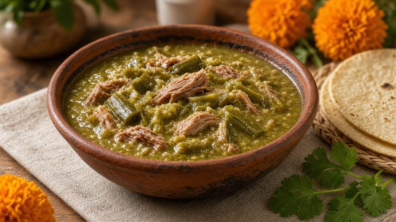 Chicharrón prensado en salsa verde con nopales en cazuela de barro con tortillas