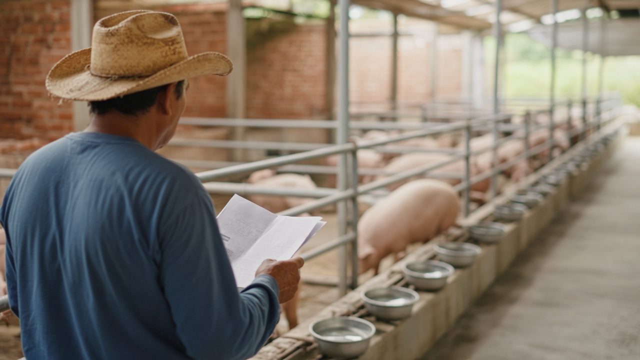 Productor porcino del Bajío revisa registros y bebederos en su granja
