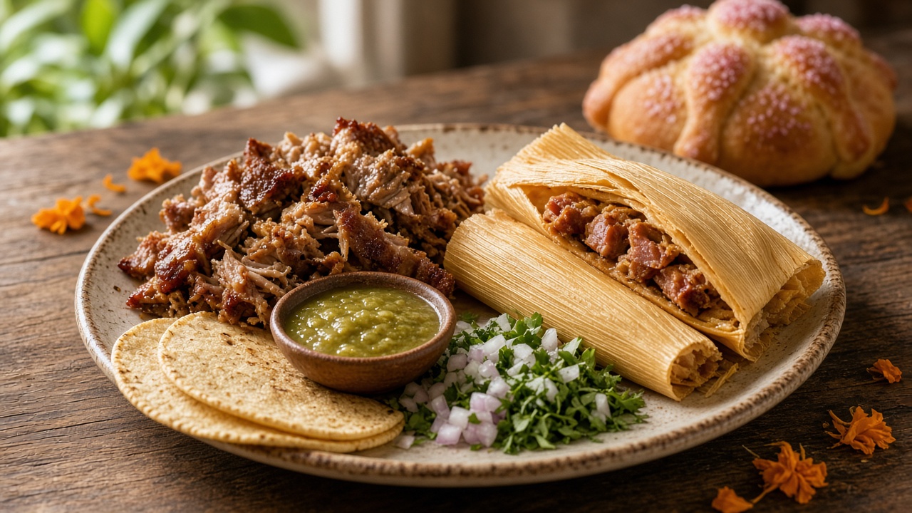 Tamales de cerdo y carnitas con flor de cempasúchil en una mesa del Bajío